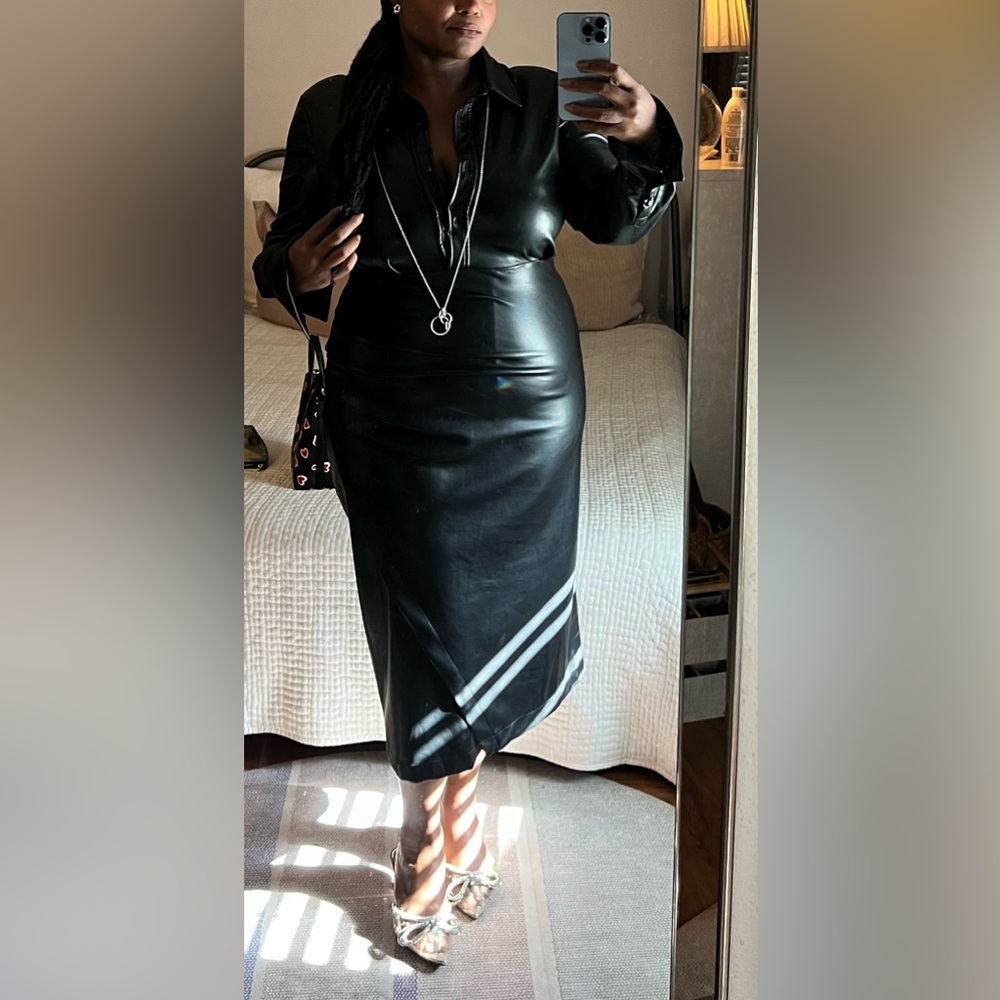 Avec Les Filles Black Faux Leather Faux Wrap Midi Dress - Large